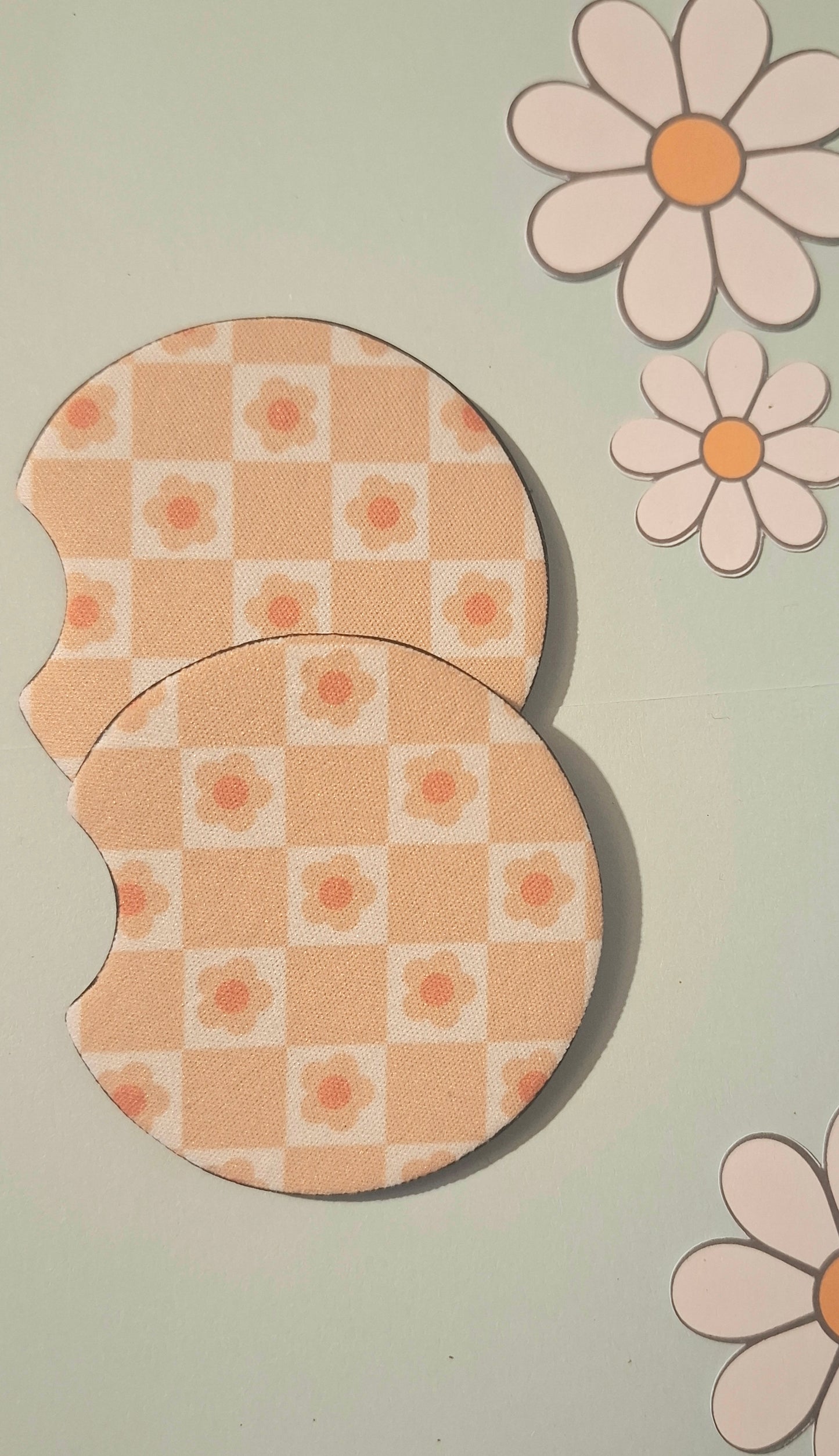 Pink Floral Checkered Car Coasters