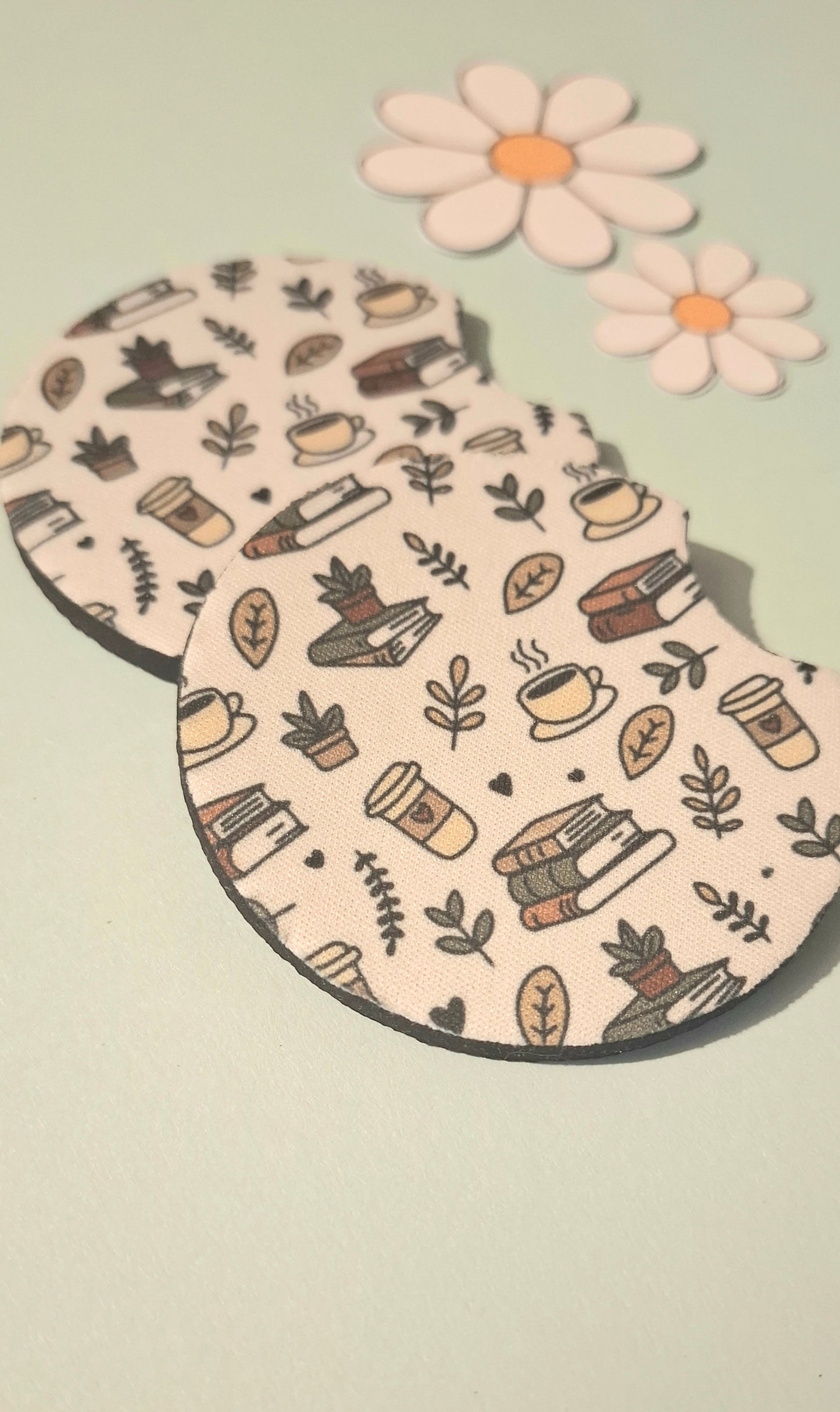 White Coffee and Books Car Coasters