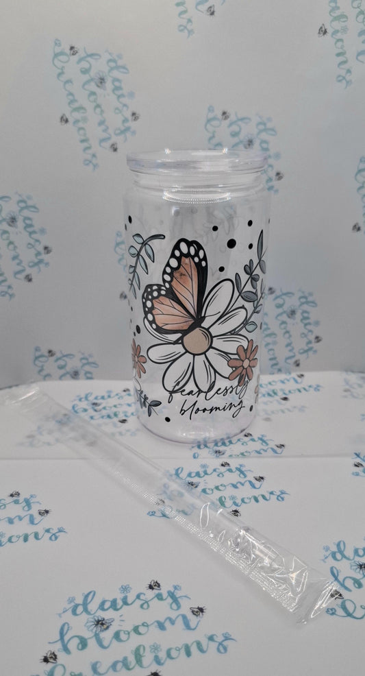"Fearlessly Blooming" Floral Iced Coffee 16oz Plastic Cup with Lid & Straw