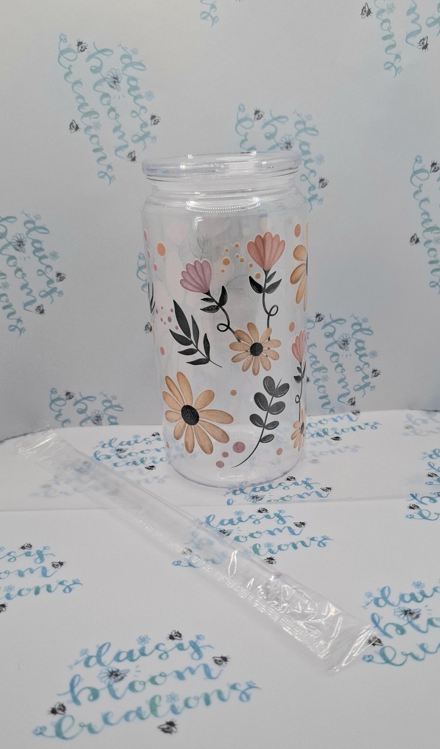 Floral 16oz Plastic Cup with Lid and Straw