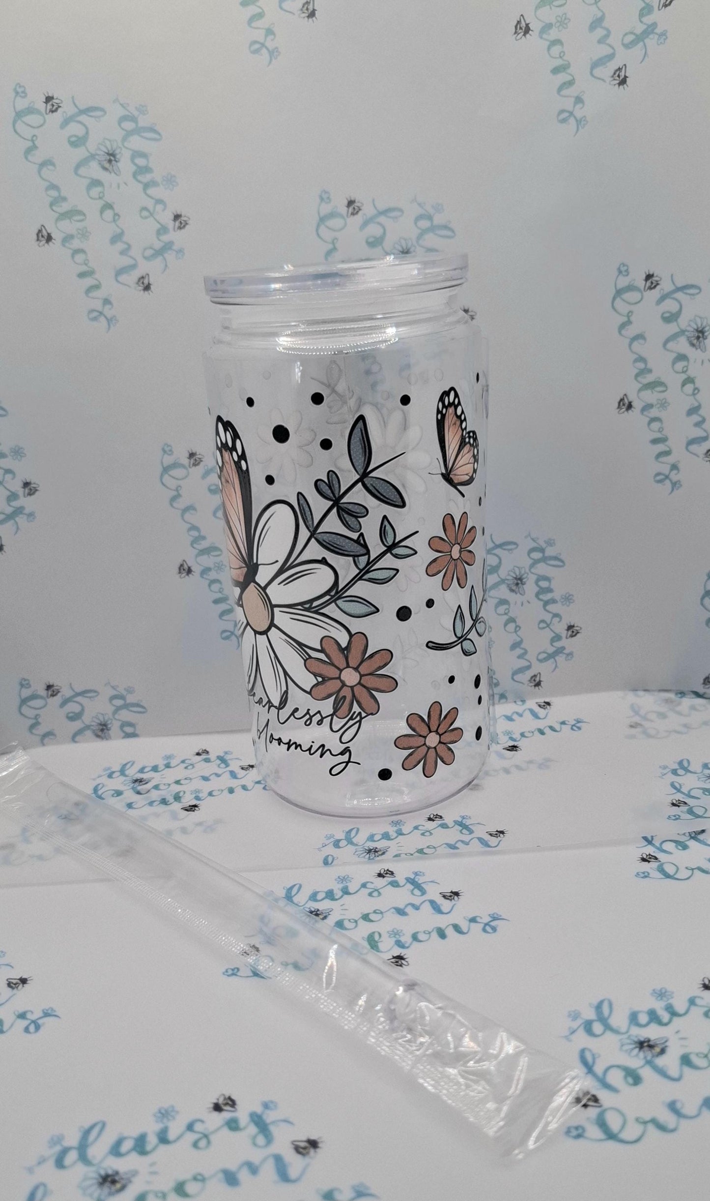 "Fearlessly Blooming" Floral Iced Coffee 16oz Plastic Cup with Lid & Straw