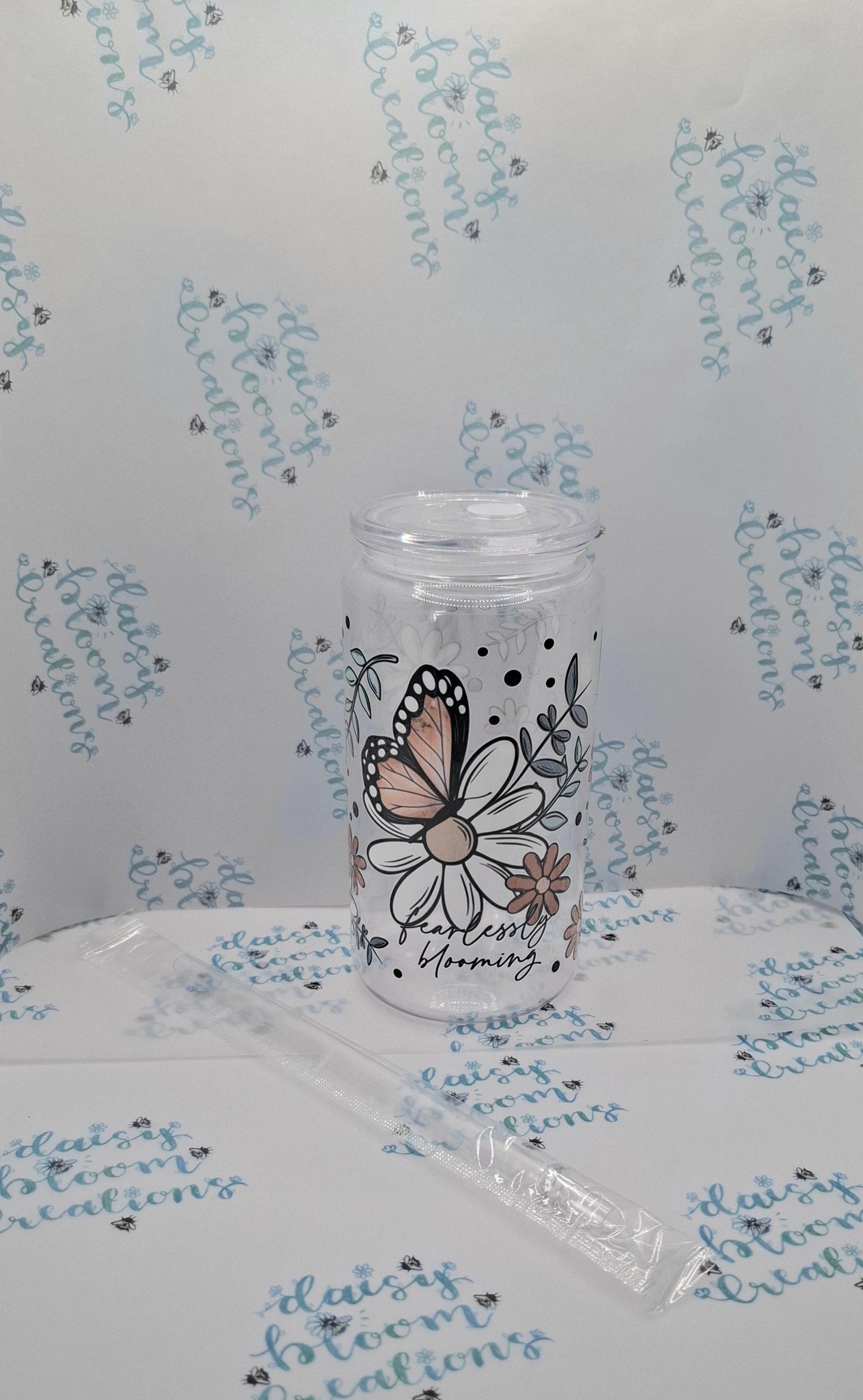 "Fearlessly Blooming" Floral Iced Coffee 16oz Plastic Cup with Lid & Straw