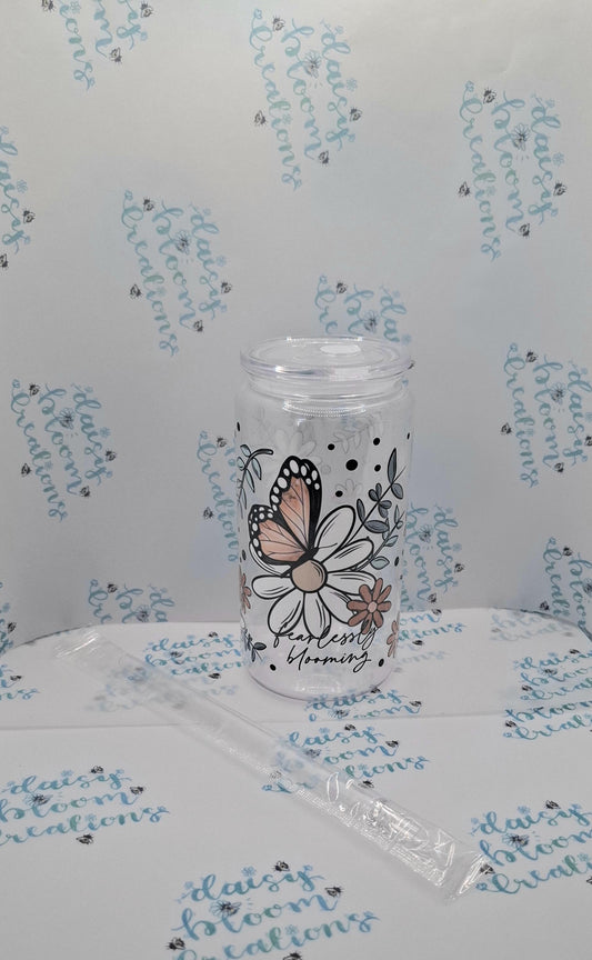 "Fearlessly Blooming" Floral Iced Coffee 16oz Plastic Cup with Lid & Straw