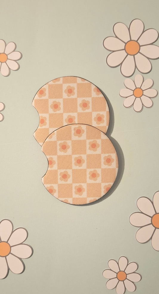 Pink Floral Checkered Car Coasters