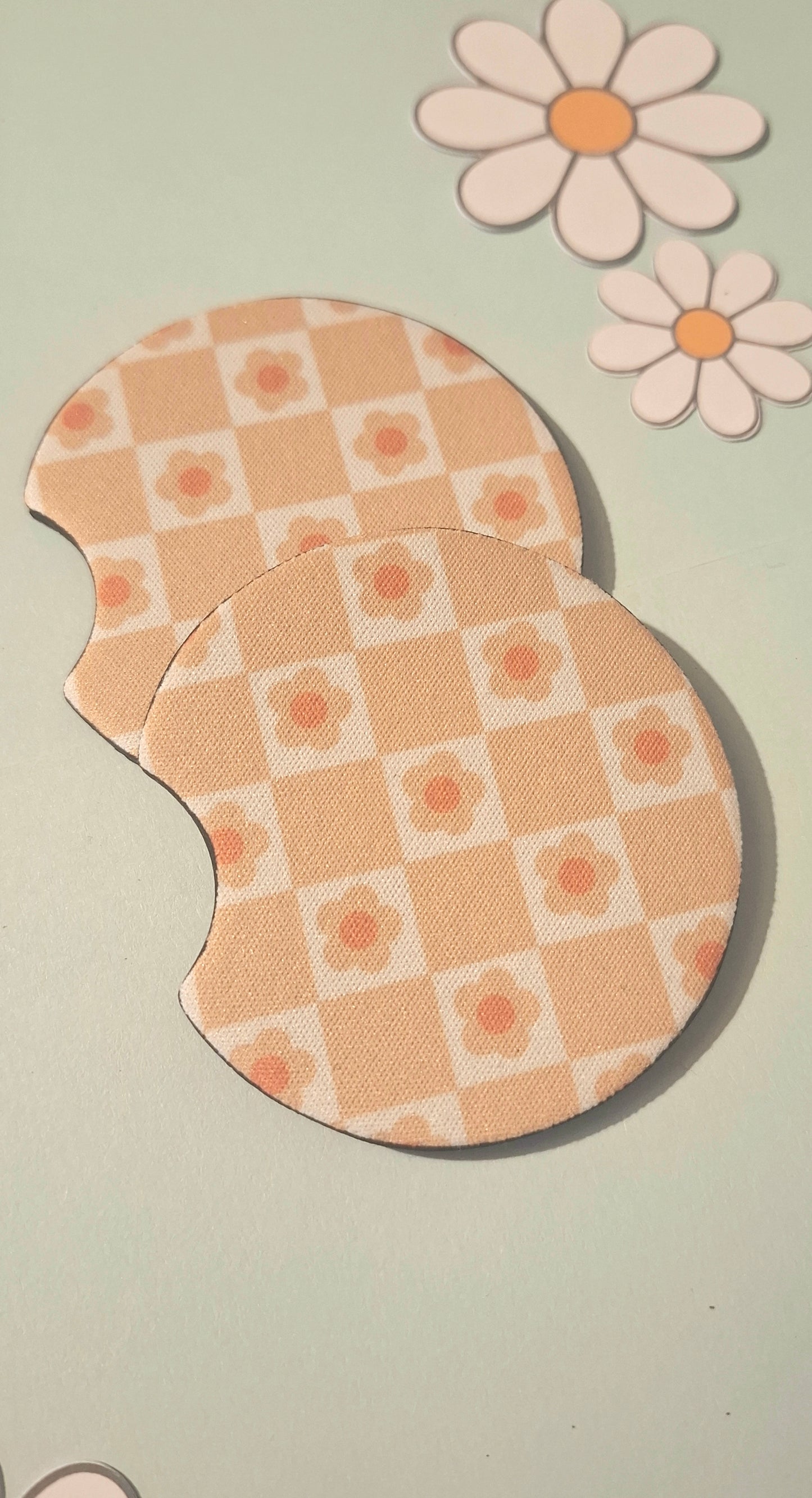 Pink Floral Checkered Car Coasters