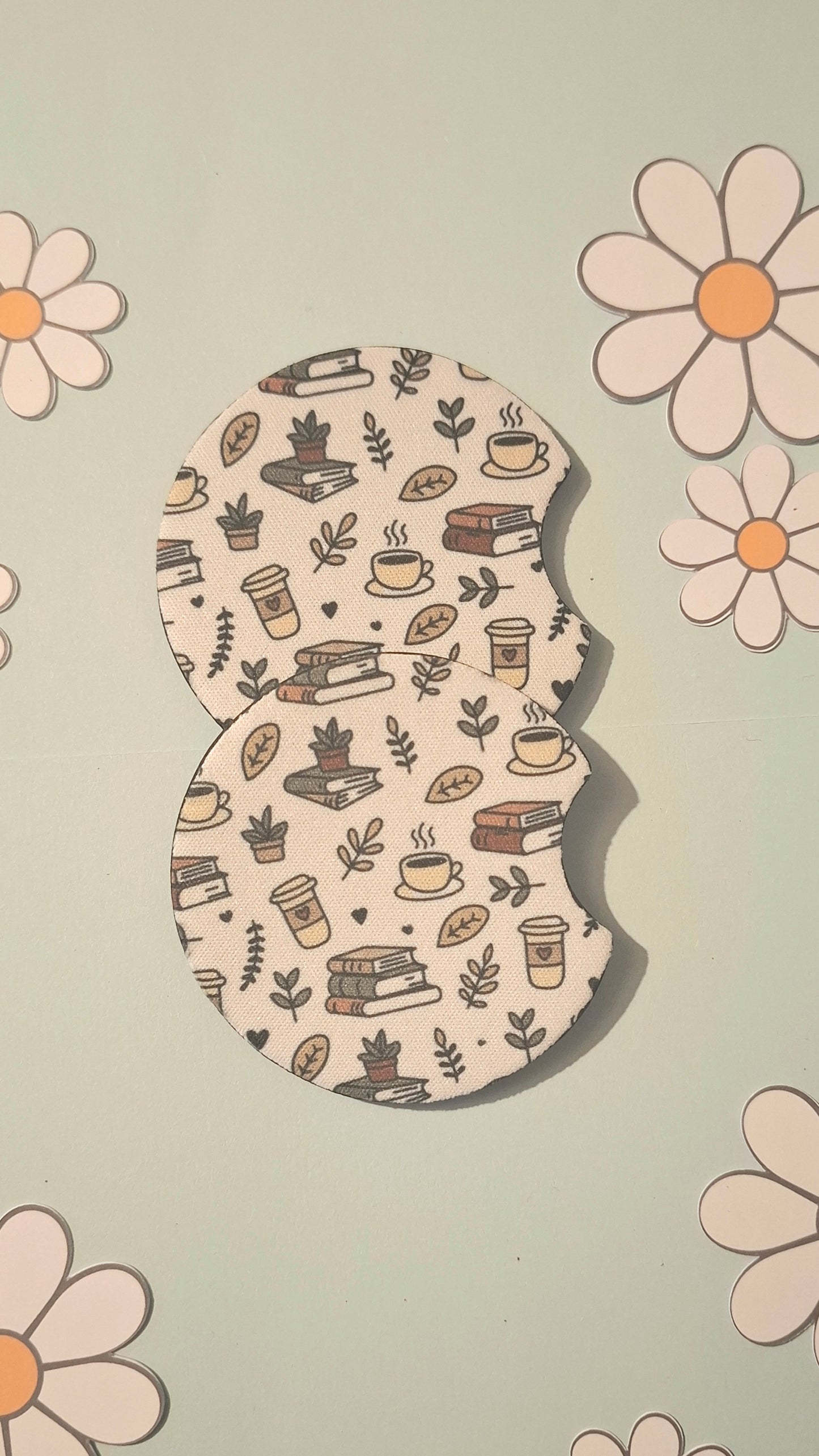 White Coffee and Books Car Coasters