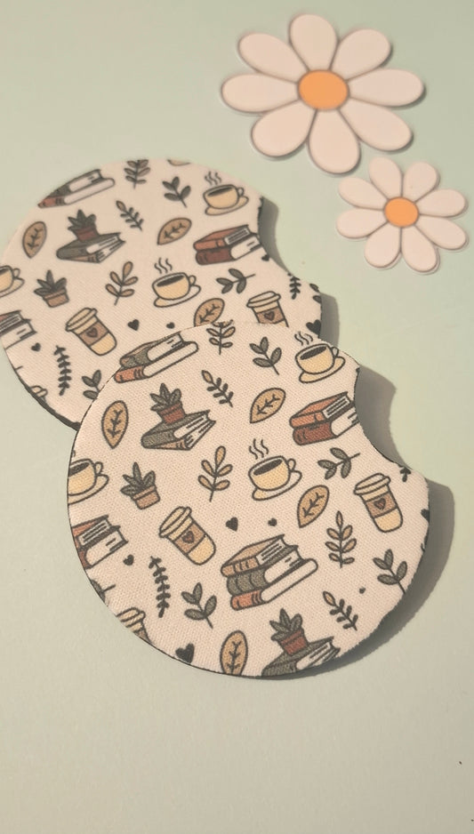 White Coffee and Books Car Coasters