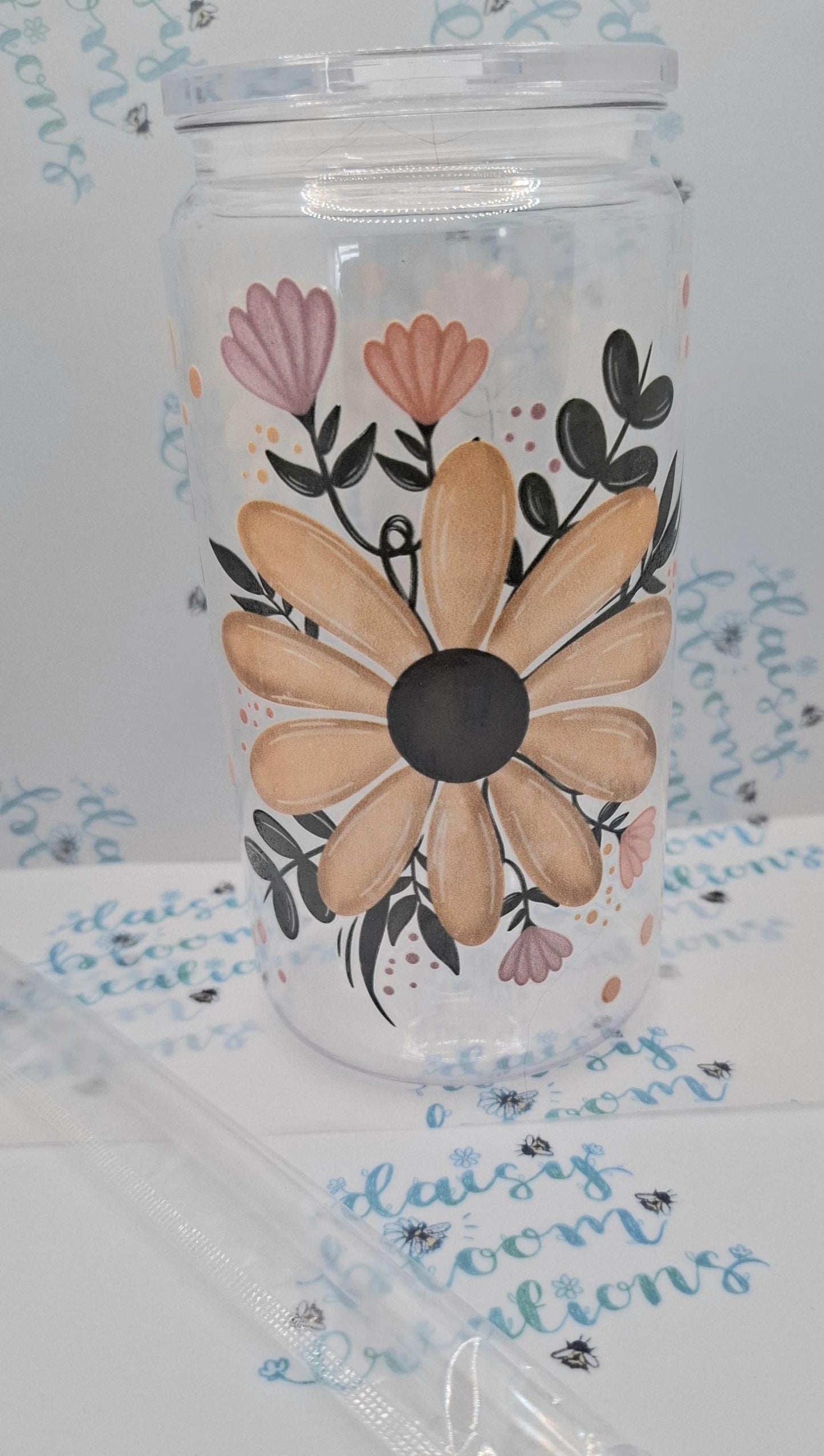 Floral 16oz Plastic Cup with Lid and Straw