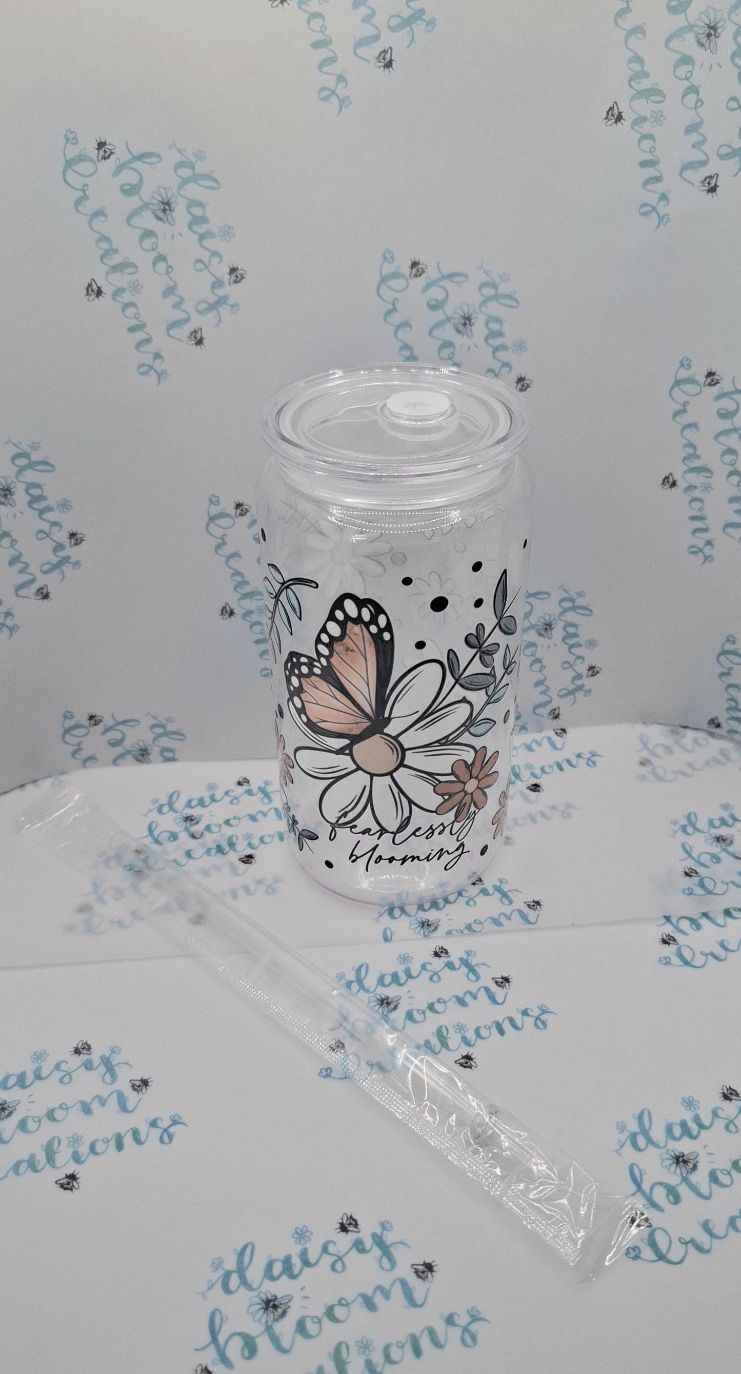 "Fearlessly Blooming" Floral Iced Coffee 16oz Plastic Cup with Lid & Straw