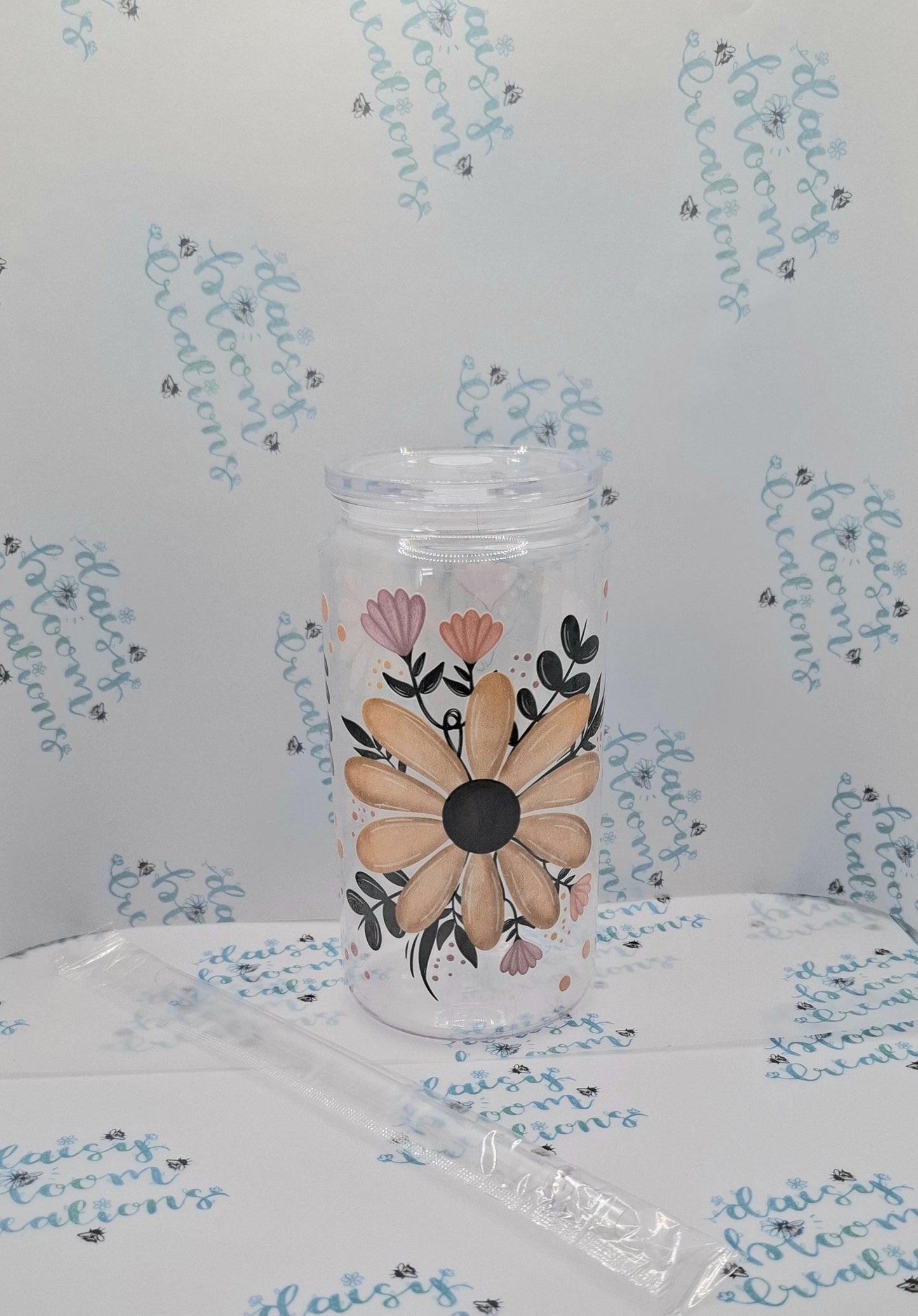 Floral 16oz Plastic Cup with Lid and Straw