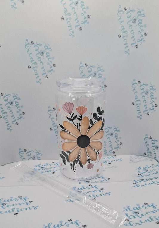 Floral 16oz Plastic Cup with Lid and Straw
