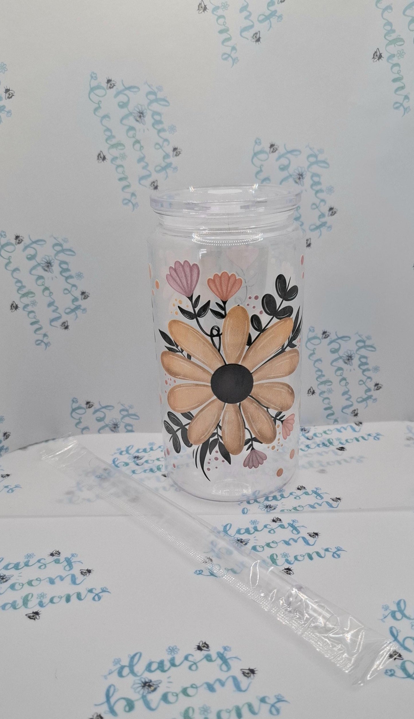 Floral 16oz Plastic Cup with Lid and Straw