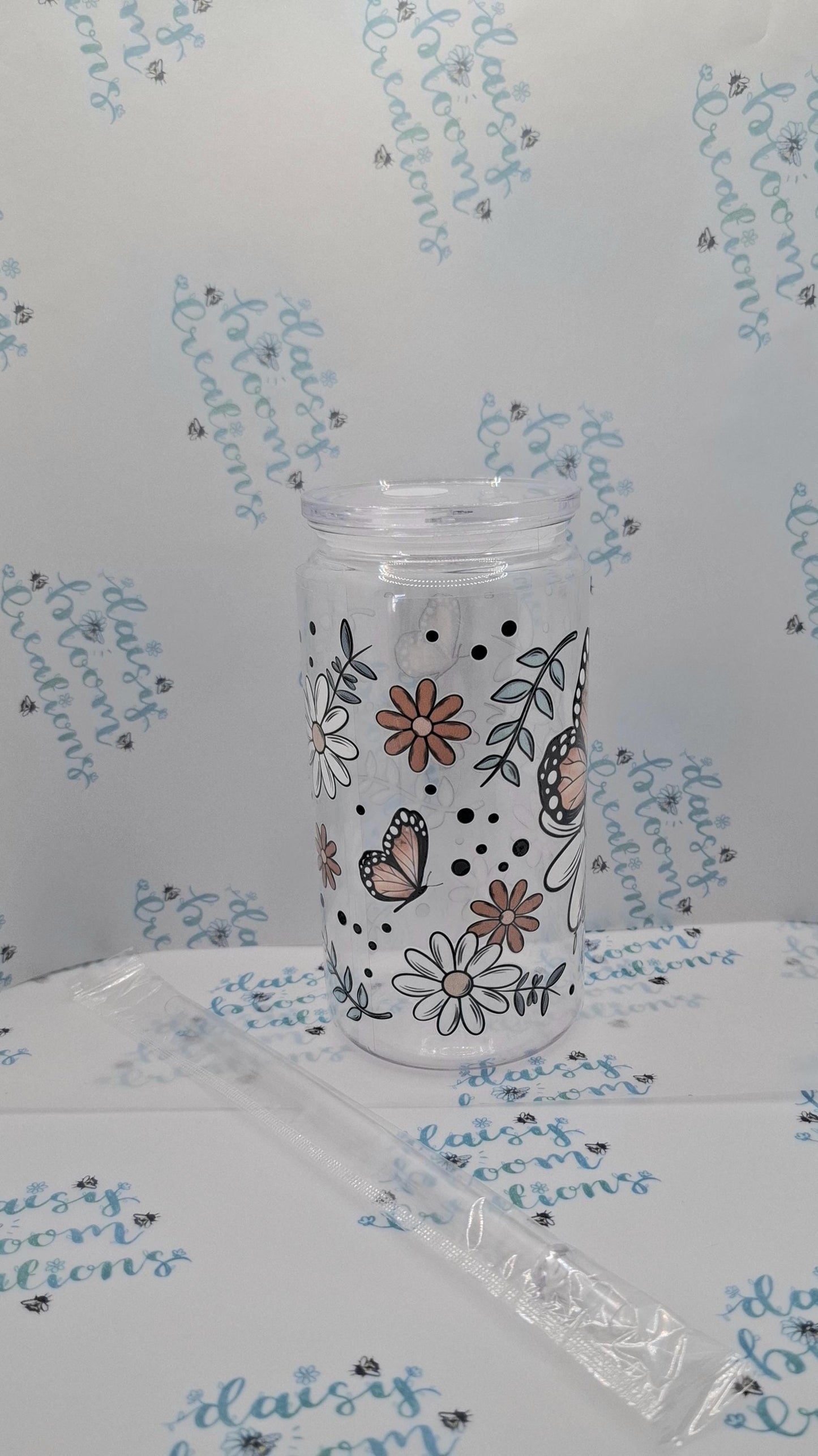 "Fearlessly Blooming" Floral Iced Coffee 16oz Plastic Cup with Lid & Straw