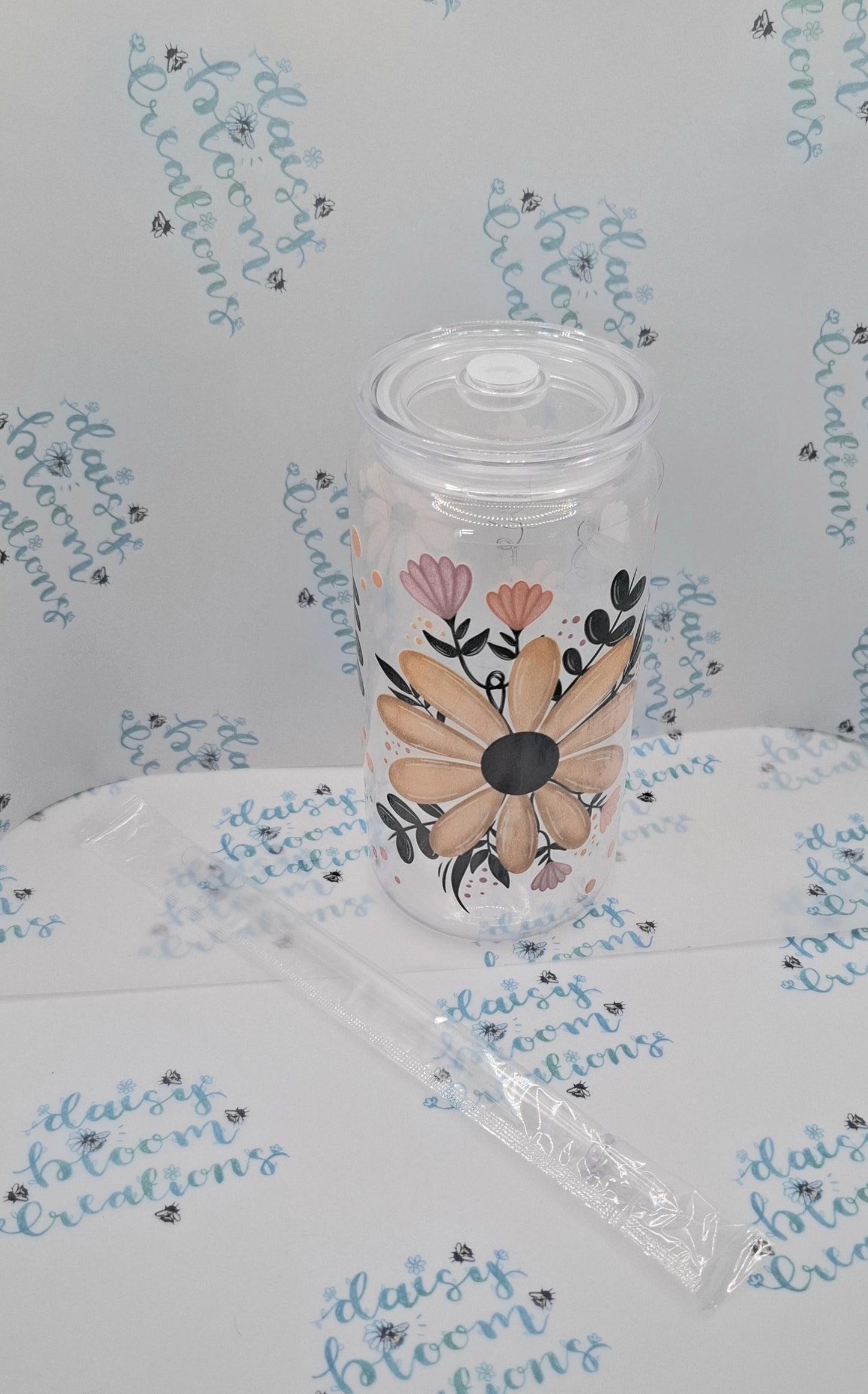 Floral 16oz Plastic Cup with Lid and Straw