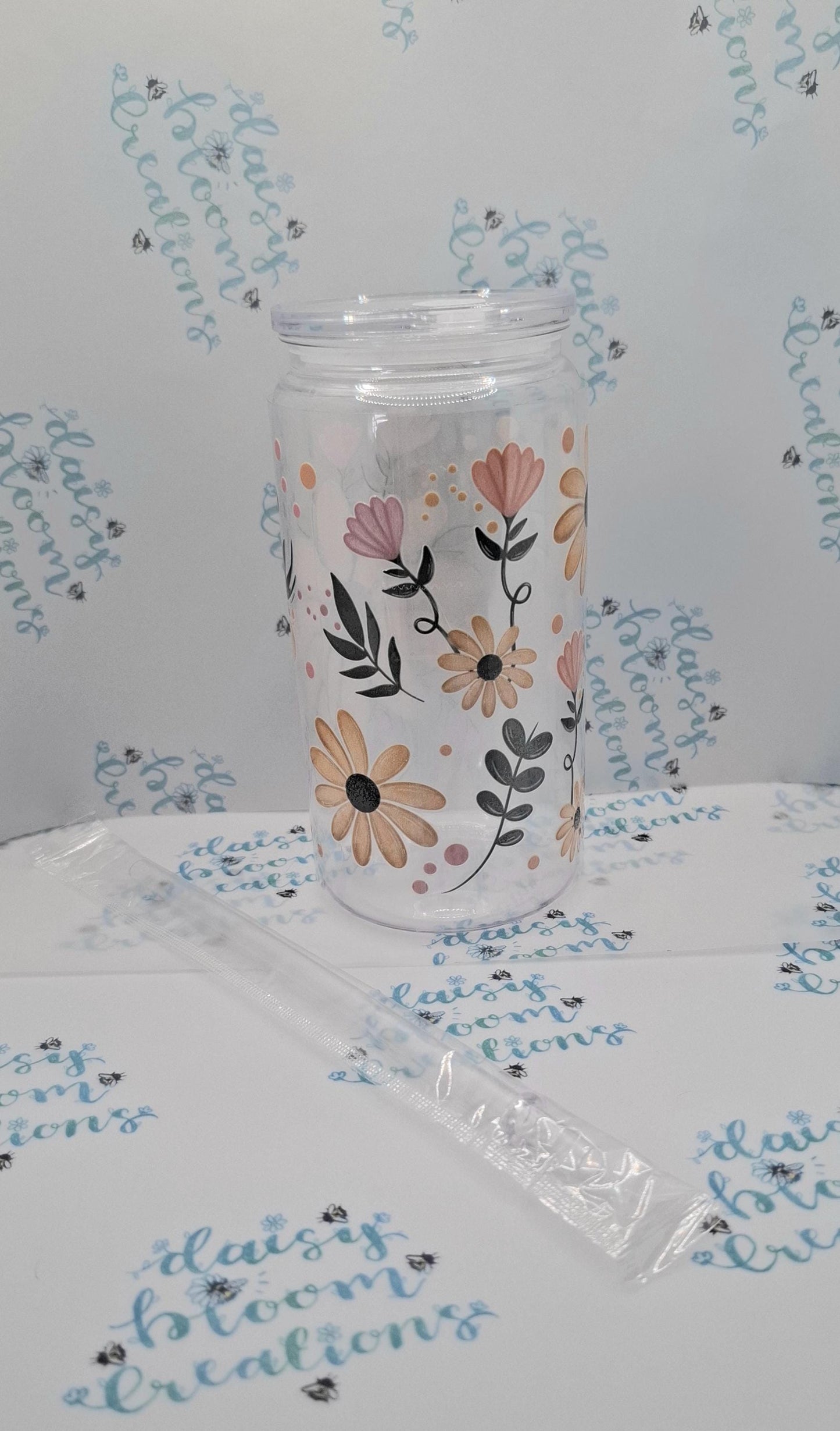 Floral 16oz Plastic Cup with Lid and Straw