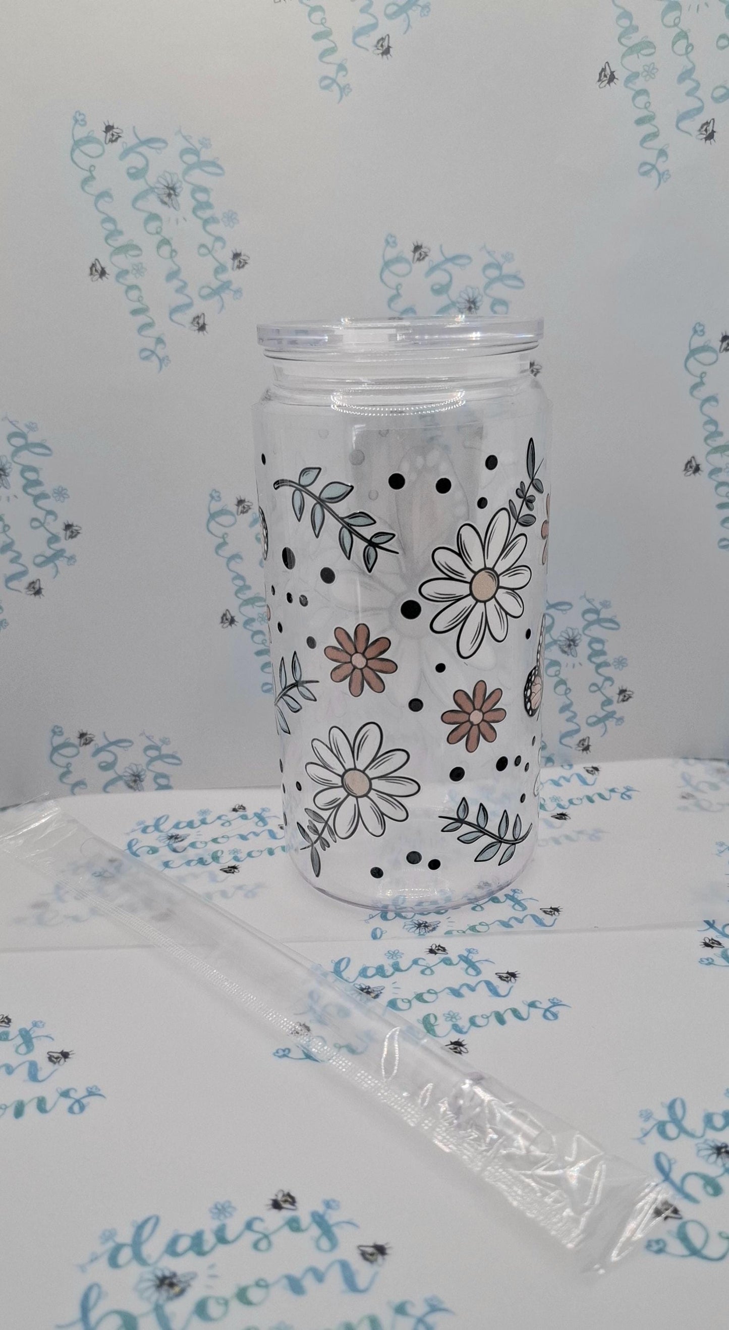 "Fearlessly Blooming" Floral Iced Coffee 16oz Plastic Cup with Lid & Straw